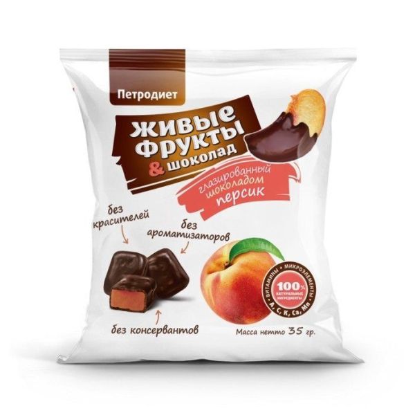 Снэки фруктовые Живые Фрукты глазированный шоколадом персик 35г фотография